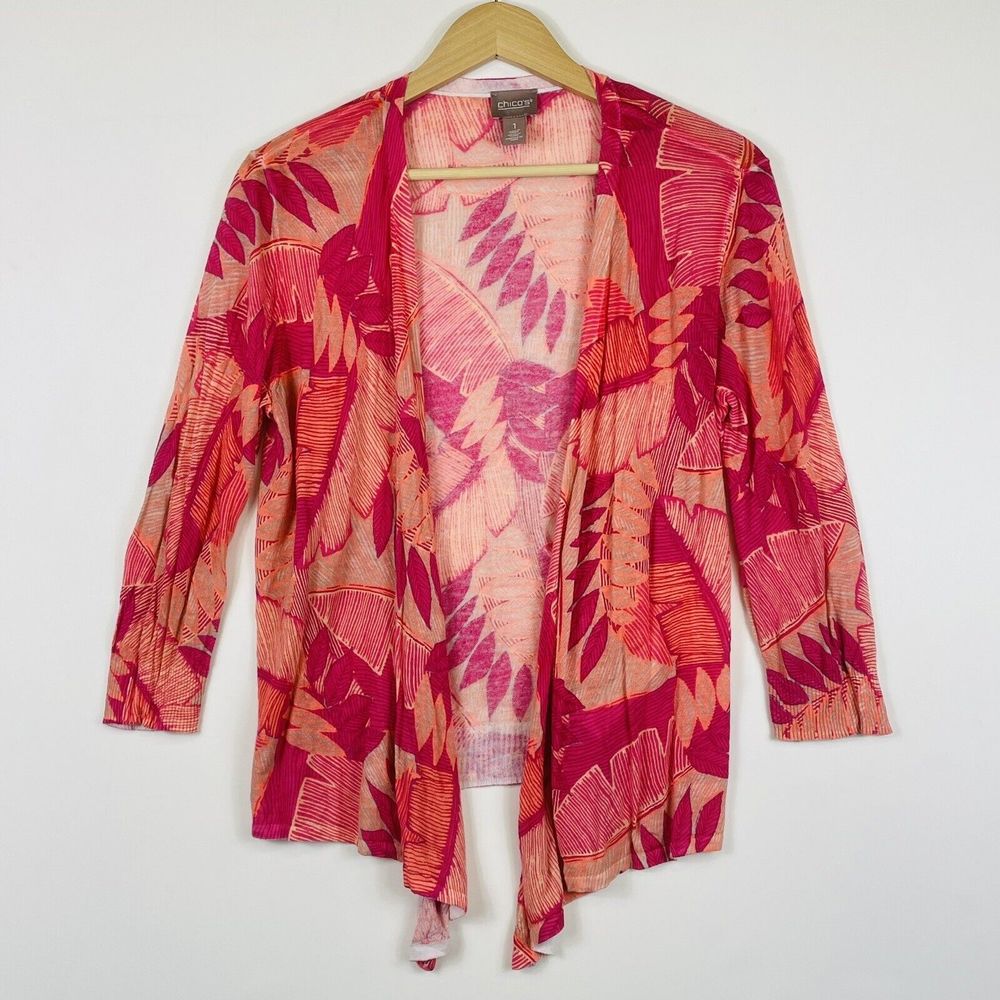 Chico's Cardigan Women Size 1 Medium Pink Tropical Leaf Open Front Resort‎ Boho